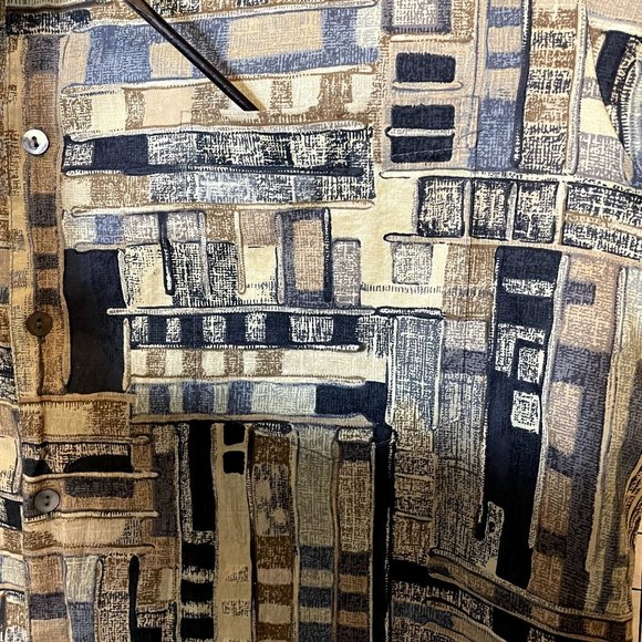 Tori Richard Blue and Tan Geometric Mens Short Sleeve Cotton Lawn Hawaiian Shirt - Picture 5 of 6